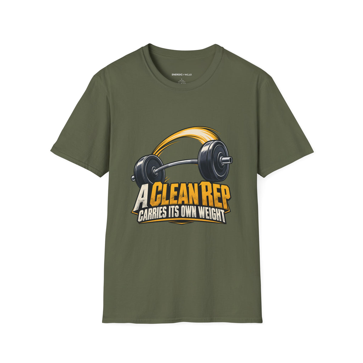 Graphic fitness T-shirt featuring the "A Clean Rep Carries Its Own Weight" design.