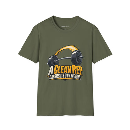 Graphic fitness T-shirt featuring the "A Clean Rep Carries Its Own Weight" design.