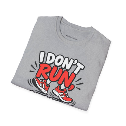 Graphic fitness T-shirt featuring the "I Don't Run, I Take Brisk Walks to the Fridge" design.