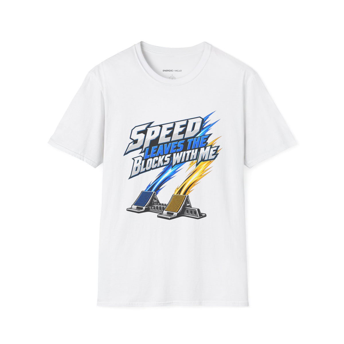 Graphic fitness T-shirt featuring the "Speed Leaves the Blocks with Me" design.