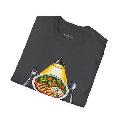 Graphic fitness T-shirt featuring the "I Plate My Food with Championship Focus" design.
