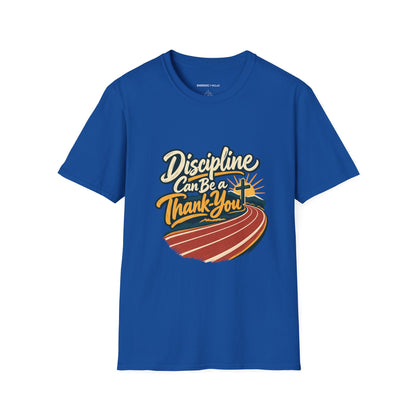 Graphic fitness T-shirt featuring the "Discipline Can Be a Thank-You" design.