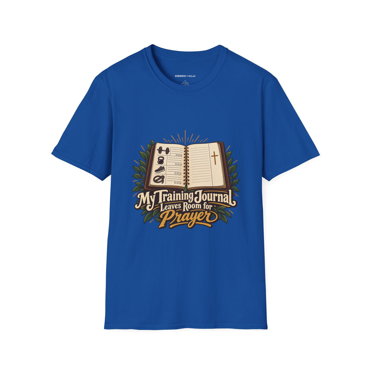 Graphic fitness T-shirt featuring the "My Training Journal Leaves Room for Prayer" design.