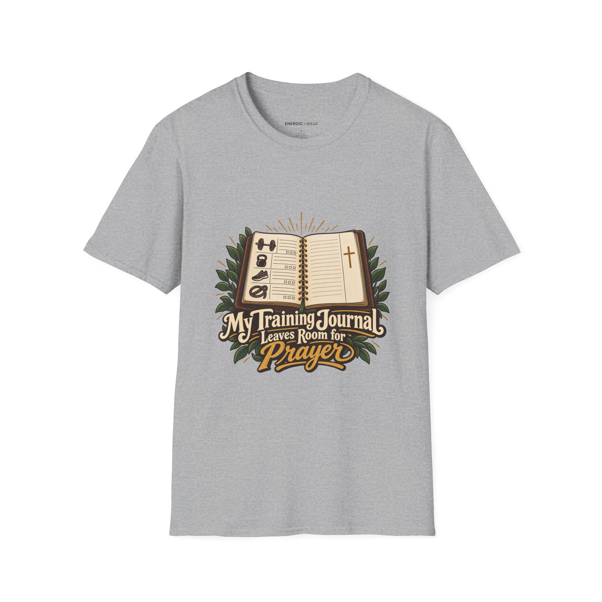 Graphic fitness T-shirt featuring the "My Training Journal Leaves Room for Prayer" design.