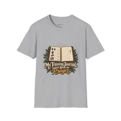 Graphic fitness T-shirt featuring the "My Training Journal Leaves Room for Prayer" design.