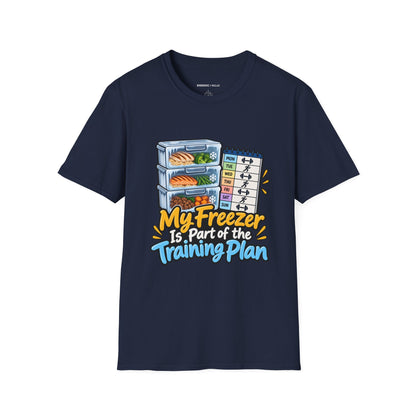 Graphic fitness T-shirt featuring the "My Freezer Is Part of the Training Plan" design.