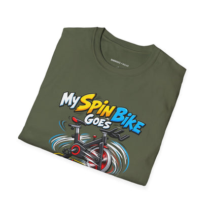 Graphic fitness T-shirt featuring the "My Spin Bike Goes Nowhere with Great Enthusiasm" design.