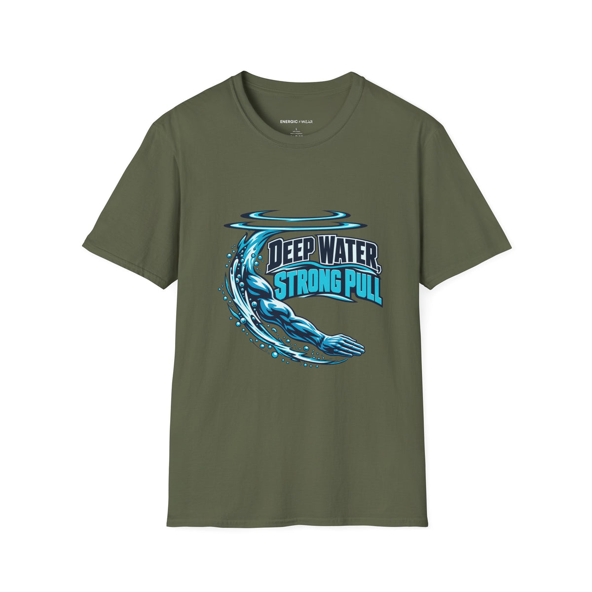 Graphic fitness T-shirt featuring the "Deep Water Strong Pull" design.