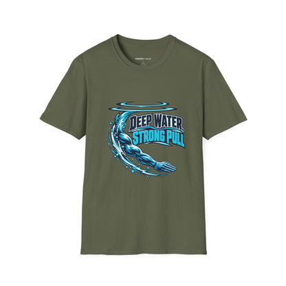 Graphic fitness T-shirt featuring the "Deep Water Strong Pull" design.
