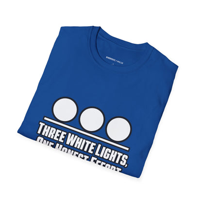 Graphic fitness T-shirt featuring the "Three White Lights One Honest Effort" design.