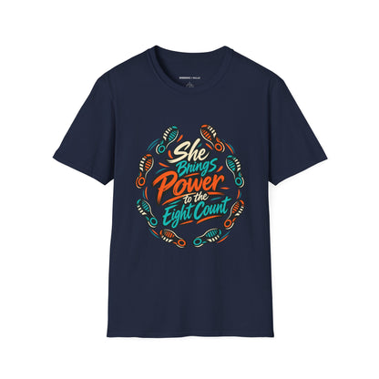 Graphic fitness T-shirt featuring the "She Brings Power to the Eight Count" design.