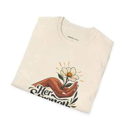 Graphic fitness T-shirt featuring the "Her Strength Has Room for Kindness" design.