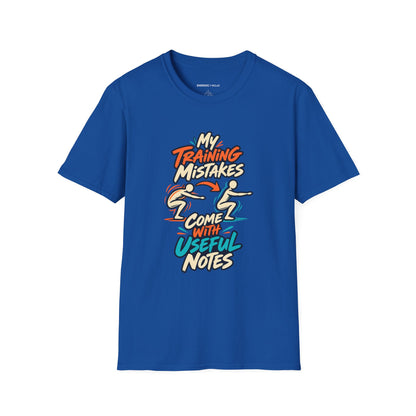 Graphic fitness T-shirt featuring the "My Training Mistakes Come With Useful Notes" design.
