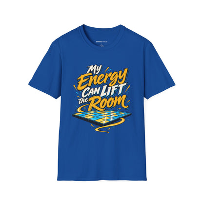 Graphic fitness T-shirt featuring the "My Energy Can Lift the Room" design.