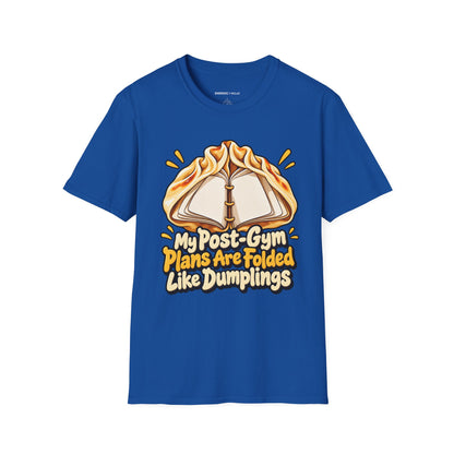 Graphic fitness T-shirt featuring the "My Post-Gym Plans Are Folded Like Dumplings" design.