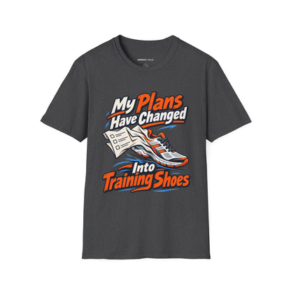Graphic fitness T-shirt featuring the "My Plans Have Changed Into Training Shoes" design.