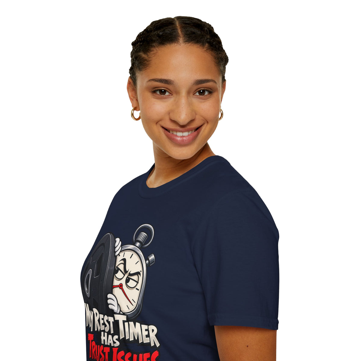Graphic fitness T-shirt featuring the "My Rest Timer Has Trust Issues" design.