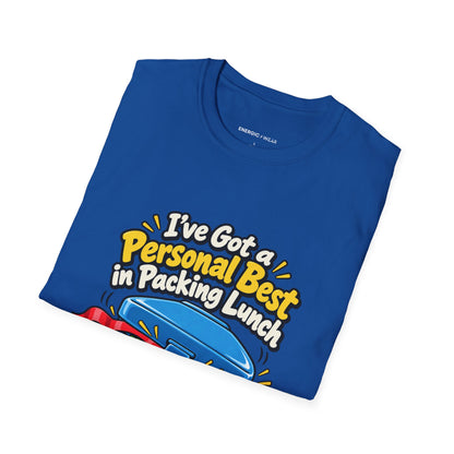 Graphic fitness T-shirt featuring the "I've Got a Personal Best in Packing Lunch" design.