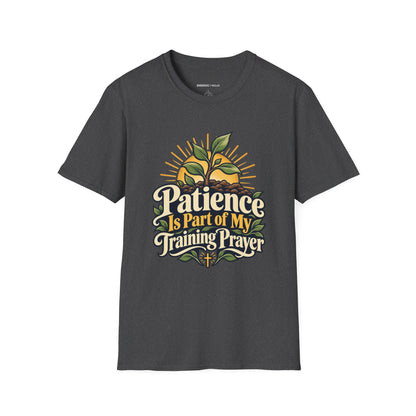 Graphic fitness T-shirt featuring the "Patience Is Part of My Training Prayer" design.