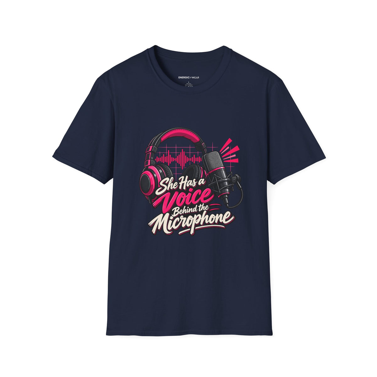 Graphic fitness T-shirt featuring the "She Has a Voice Behind the Microphone" design.