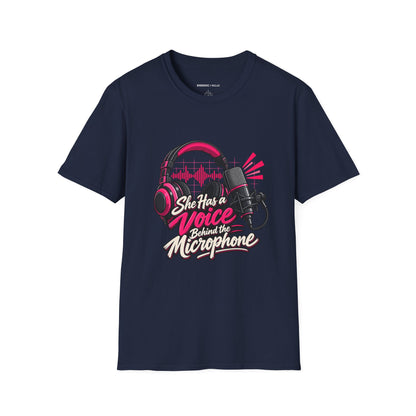 Graphic fitness T-shirt featuring the "She Has a Voice Behind the Microphone" design.