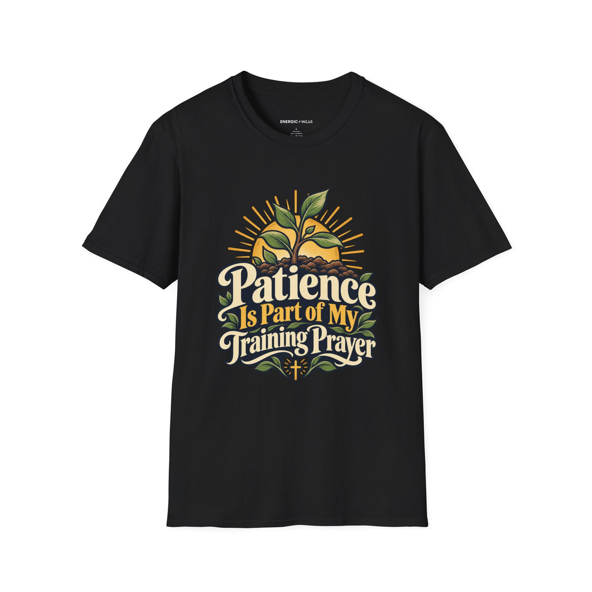 Graphic fitness T-shirt featuring the "Patience Is Part of My Training Prayer" design.