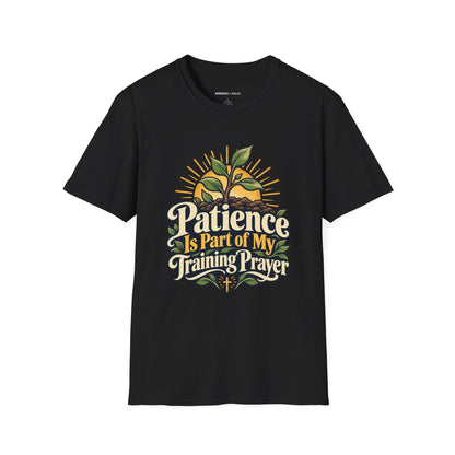 Graphic fitness T-shirt featuring the "Patience Is Part of My Training Prayer" design.