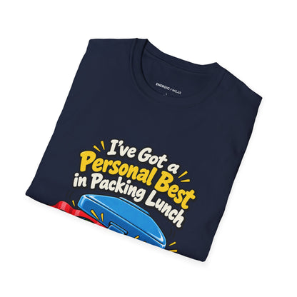 Graphic fitness T-shirt featuring the "I've Got a Personal Best in Packing Lunch" design.