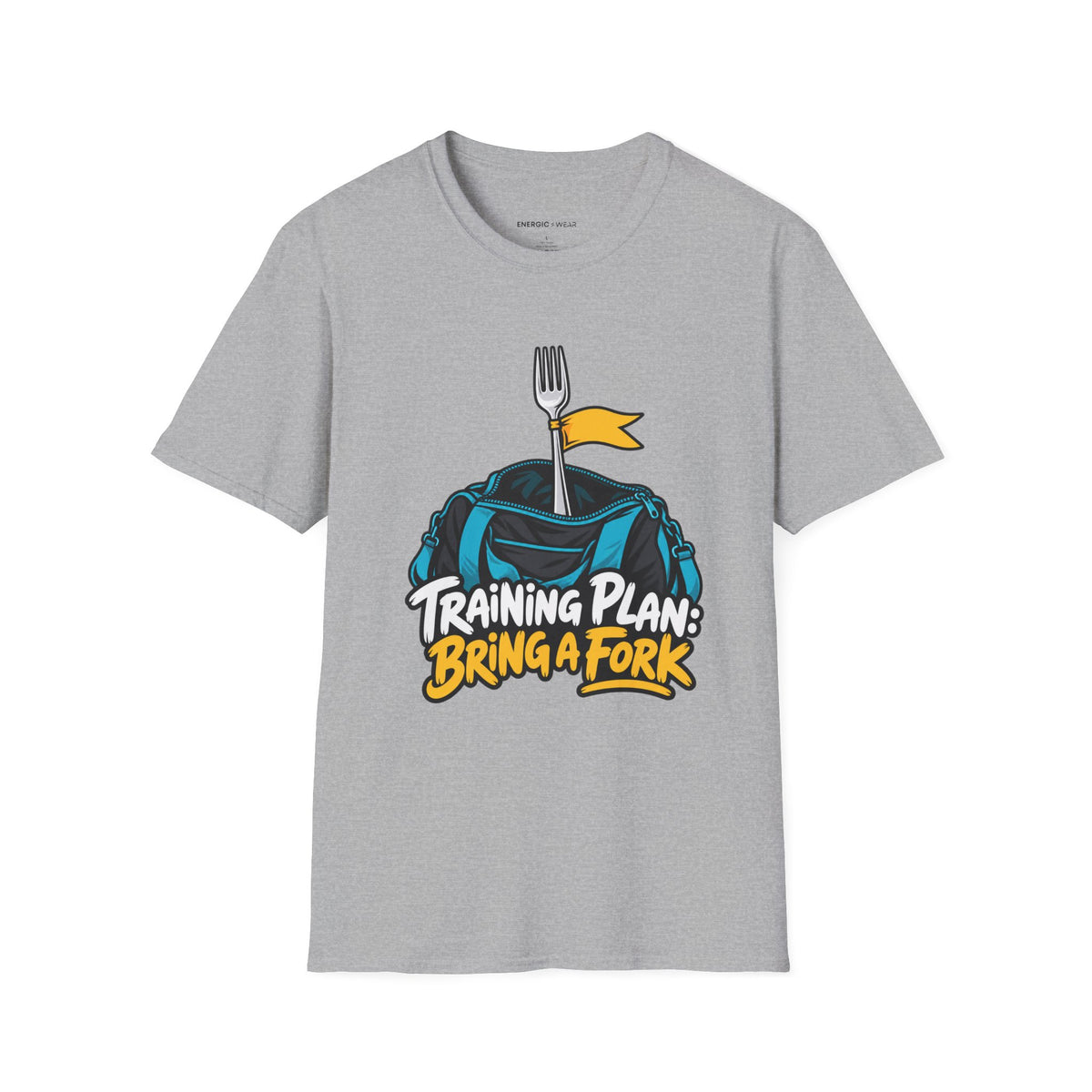 Graphic fitness T-shirt featuring the "Training Plan Bring a Fork" design.