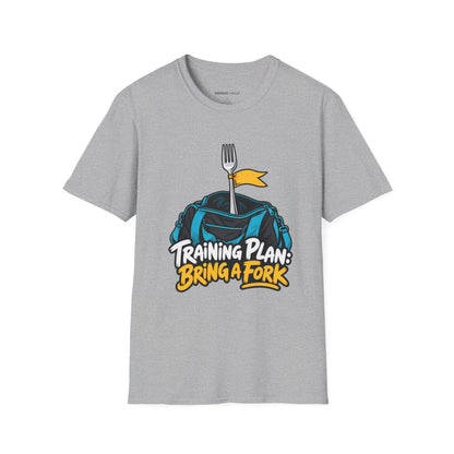 Graphic fitness T-shirt featuring the "Training Plan Bring a Fork" design.