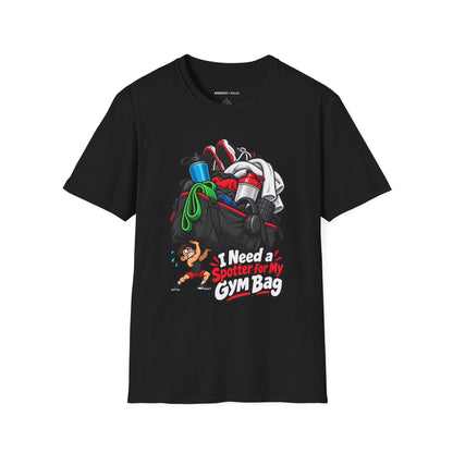 Graphic fitness T-shirt featuring the "I Need a Spotter for My Gym Bag" design.