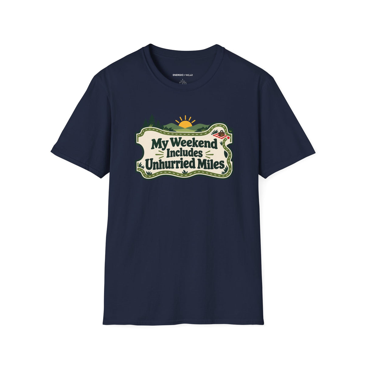 Graphic fitness T-shirt featuring the "My Weekend Includes Unhurried Miles" design.