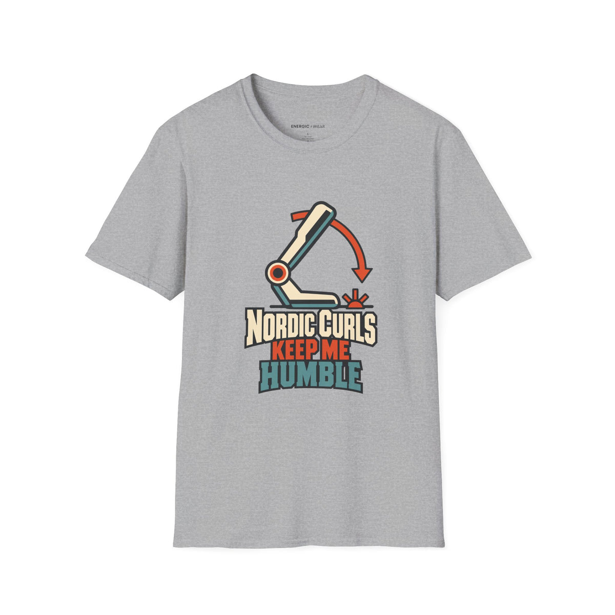Graphic fitness T-shirt featuring the "Nordic Curls Keep Me Humble" design.