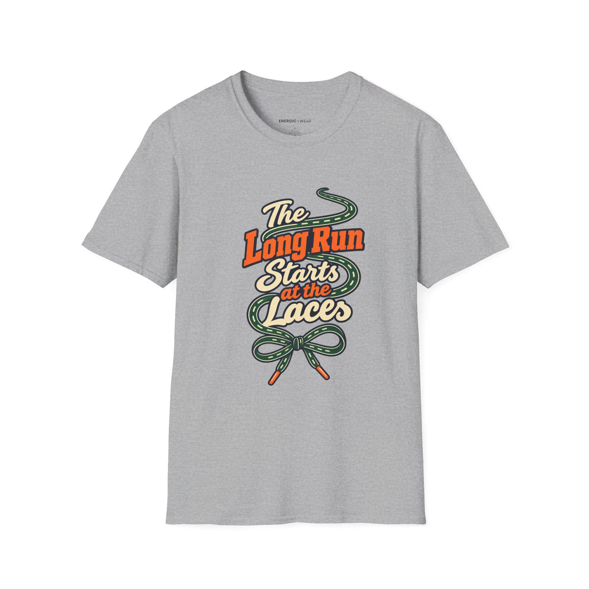 Graphic fitness T-shirt featuring the "The Long Run Starts at the Laces" design.