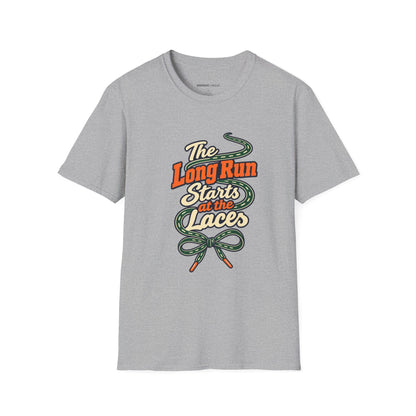 Graphic fitness T-shirt featuring the "The Long Run Starts at the Laces" design.