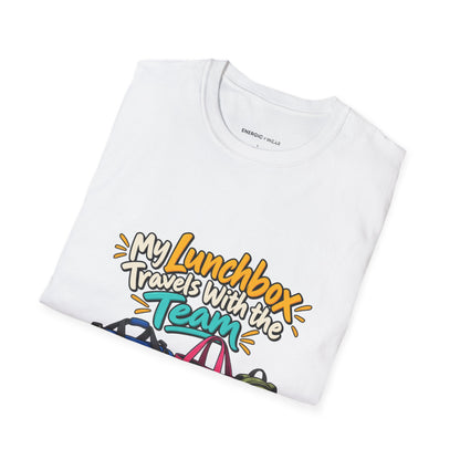 Graphic fitness T-shirt featuring the "My Lunchbox Travels With the Team" design.