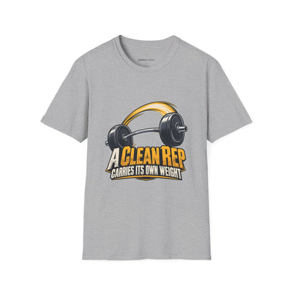 Graphic fitness T-shirt featuring the "A Clean Rep Carries Its Own Weight" design.