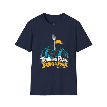 Graphic fitness T-shirt featuring the "Training Plan Bring a Fork" design.