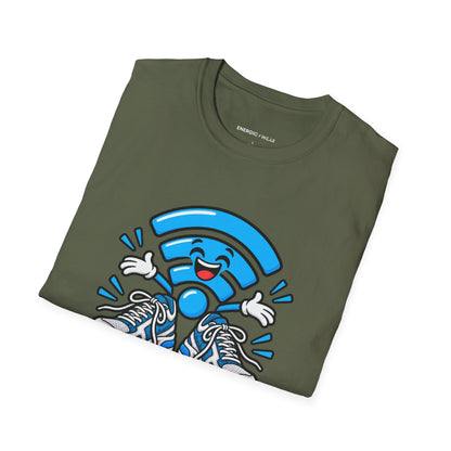 Graphic fitness T-shirt featuring the "The Gym Wi-Fi Knows My Routine" design.