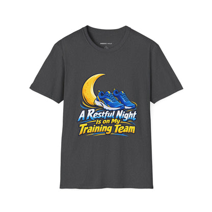 Graphic fitness T-shirt featuring the "A Restful Night Is on My Training Team" design.