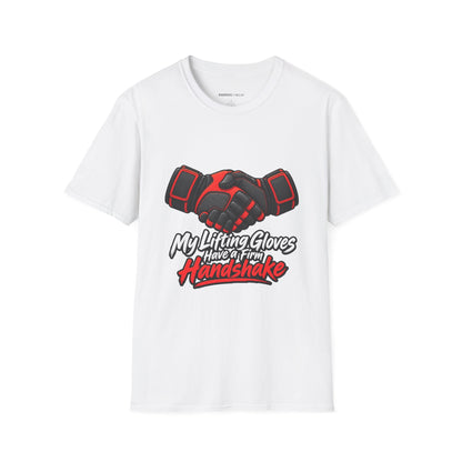 Graphic fitness T-shirt featuring the "My Lifting Gloves Have a Firm Handshake" design.