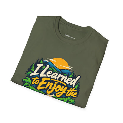 Graphic fitness T-shirt featuring the "I Learned to Enjoy the Middle Mile" design.