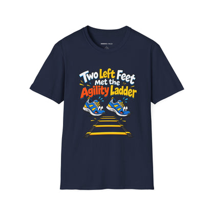 Graphic fitness T-shirt featuring the "Two Left Feet Met the Agility Ladder" design.