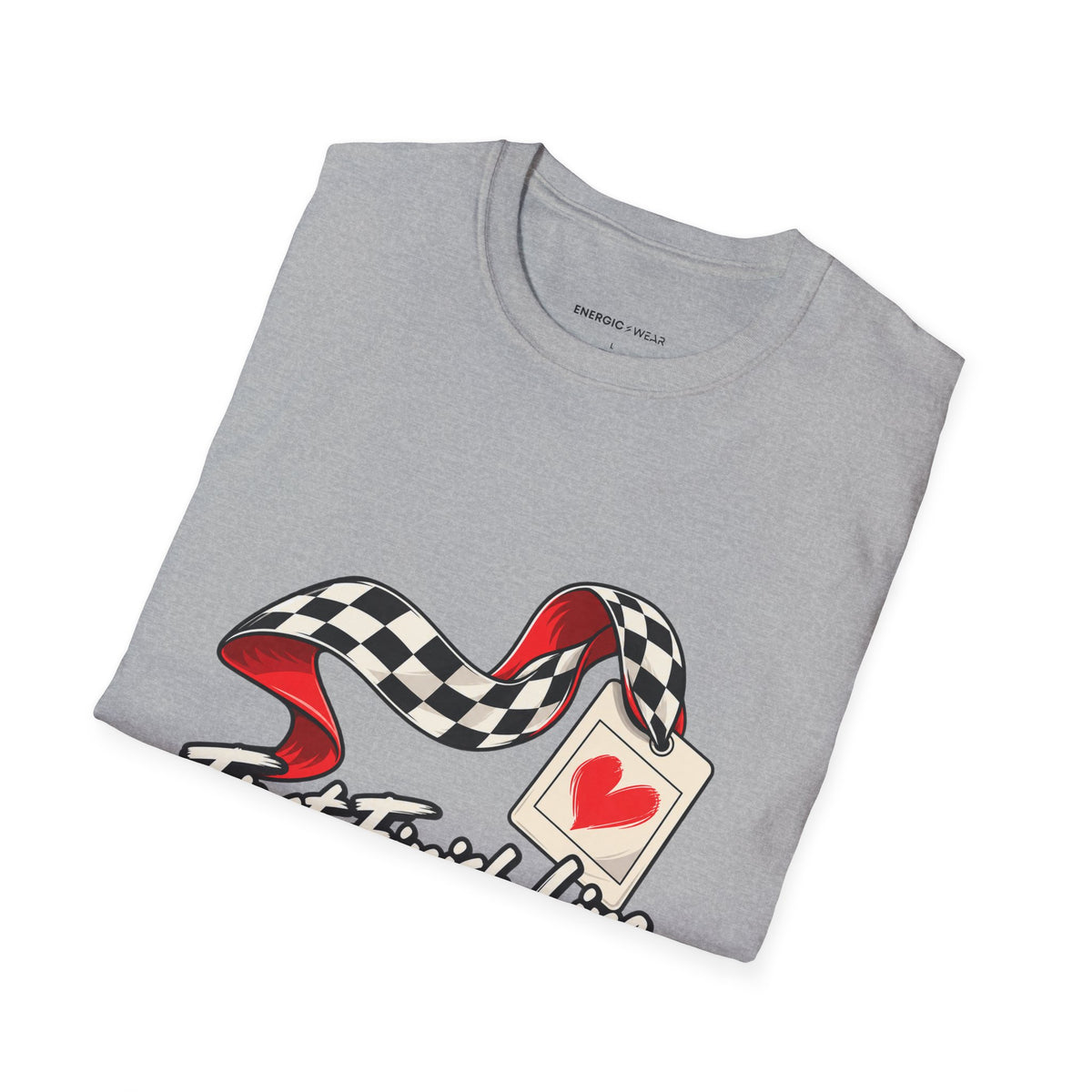 Graphic fitness T-shirt featuring the "First Finish Line Lifelong Memory" design.