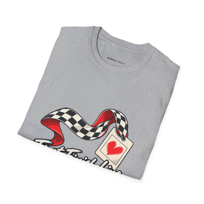 Graphic fitness T-shirt featuring the "First Finish Line Lifelong Memory" design.