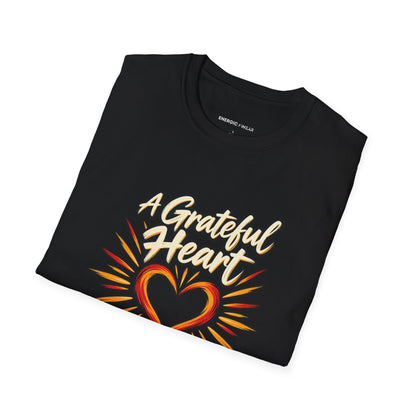 Graphic fitness T-shirt featuring the "A Grateful Heart Can Train Fiercely" design.