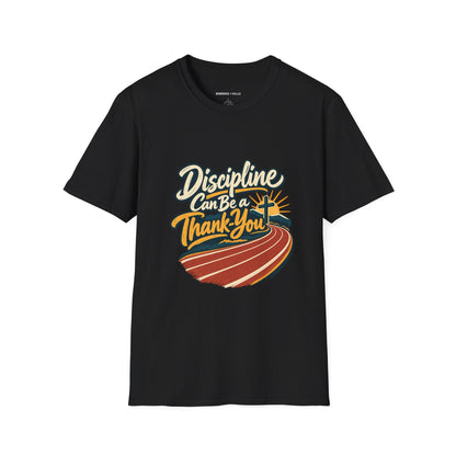 Graphic fitness T-shirt featuring the "Discipline Can Be a Thank-You" design.
