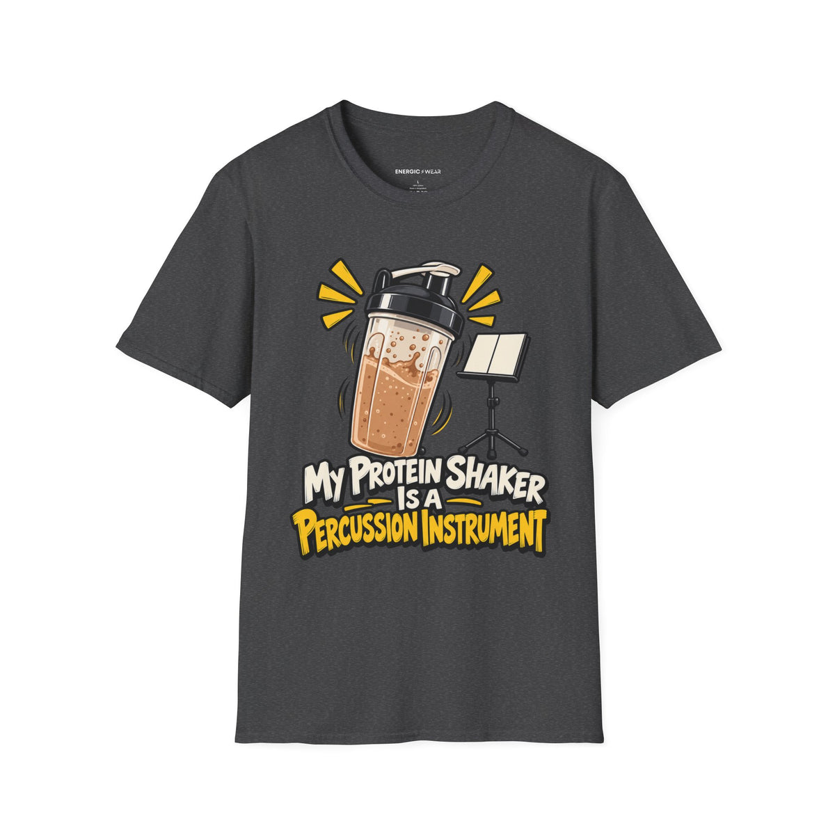 Graphic fitness T-shirt featuring the "My Protein Shaker Is a Percussion Instrument" design.