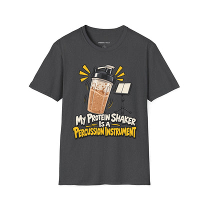 Graphic fitness T-shirt featuring the "My Protein Shaker Is a Percussion Instrument" design.