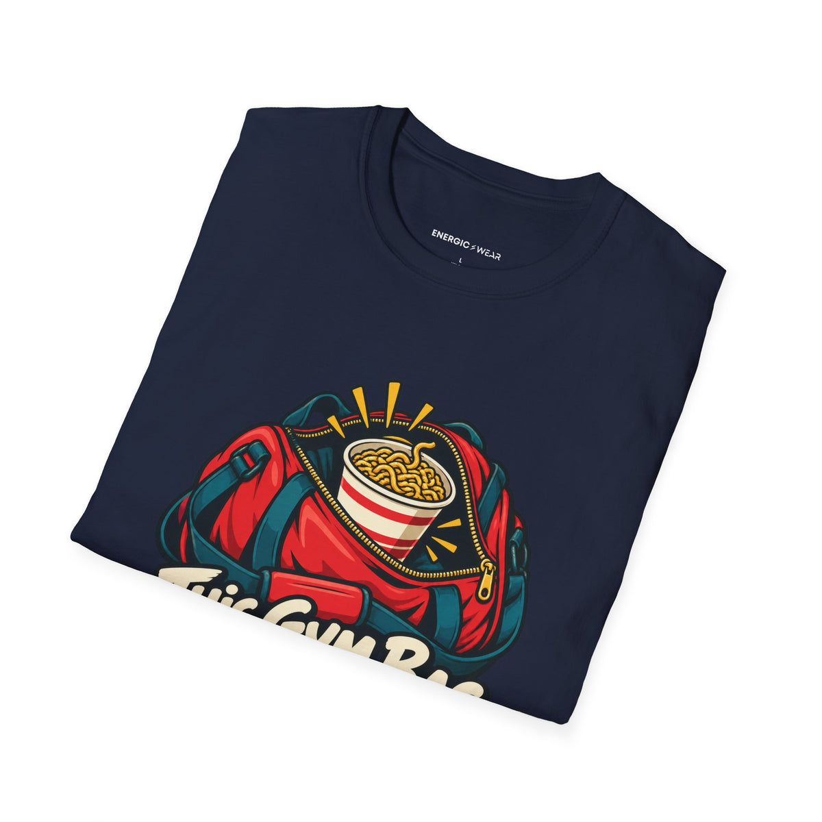 Graphic fitness T-shirt featuring the "This Gym Bag Contains Emergency Noodles" design.
